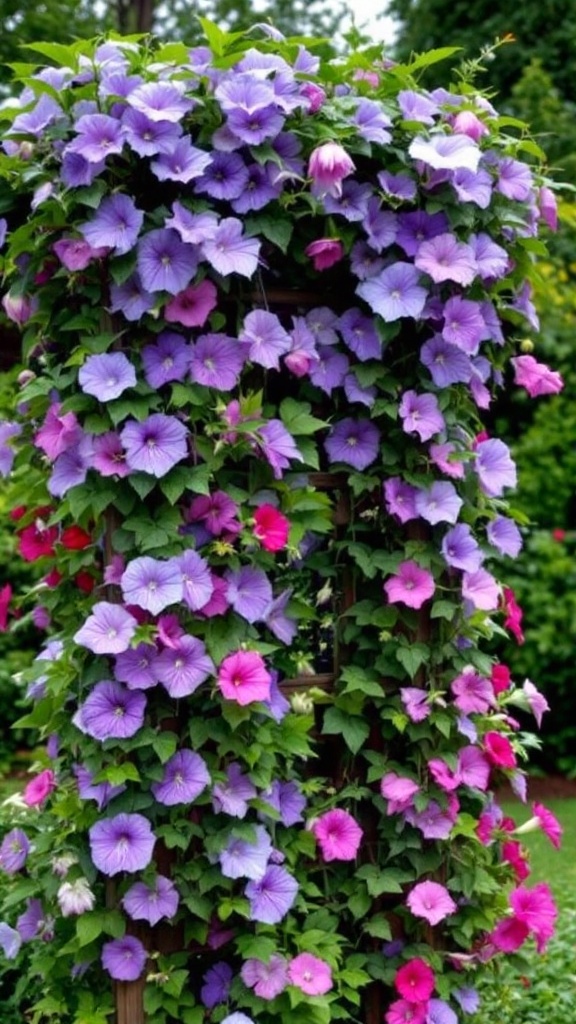 A trellis covered in vibrant purple and pink climbing flowers.