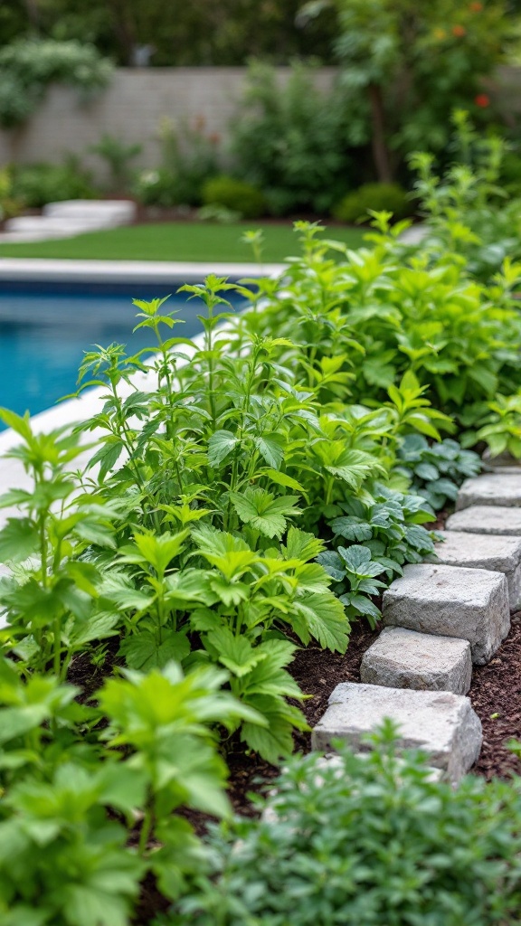 A well-maintained edible garden with green plants and stone pathway next to a swimming pool.