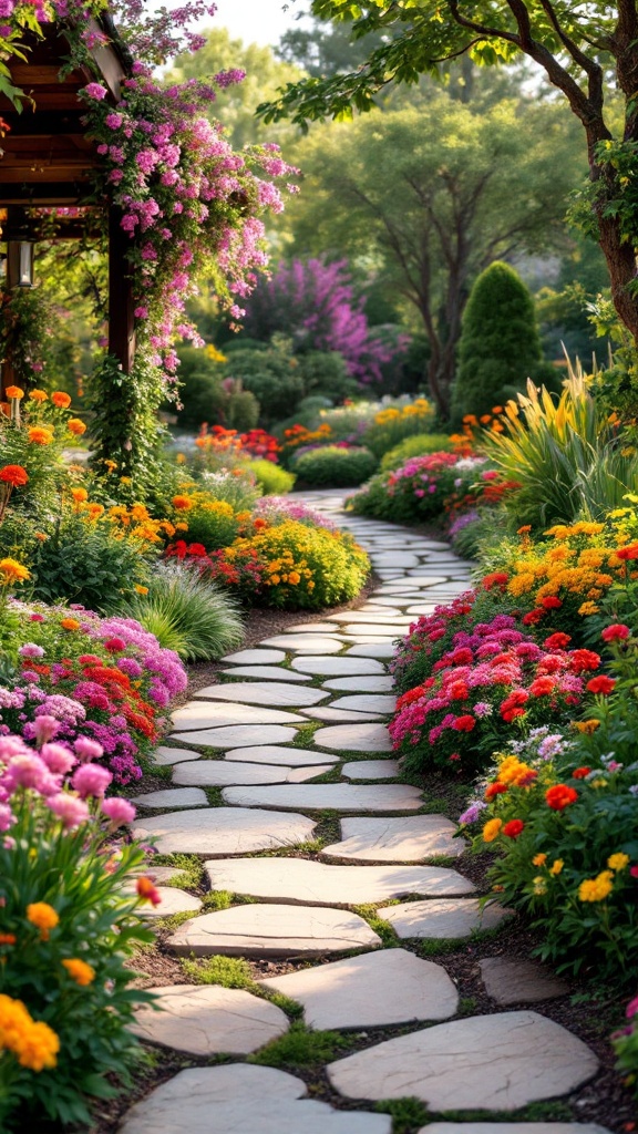 A beautifully landscaped garden pathway surrounded by colorful flowers.