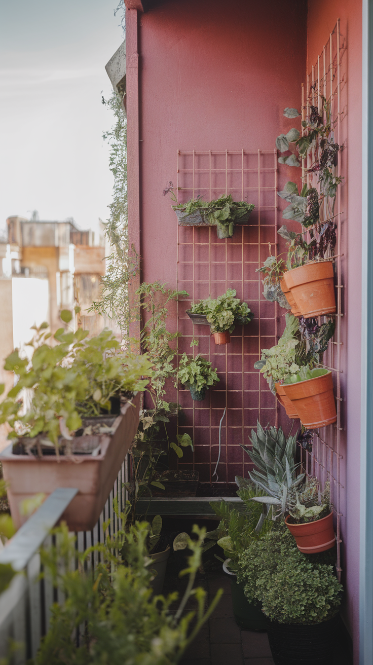 A balcony with various plants arranged vertically on a wall, showcasing a vibrant and lush green space.