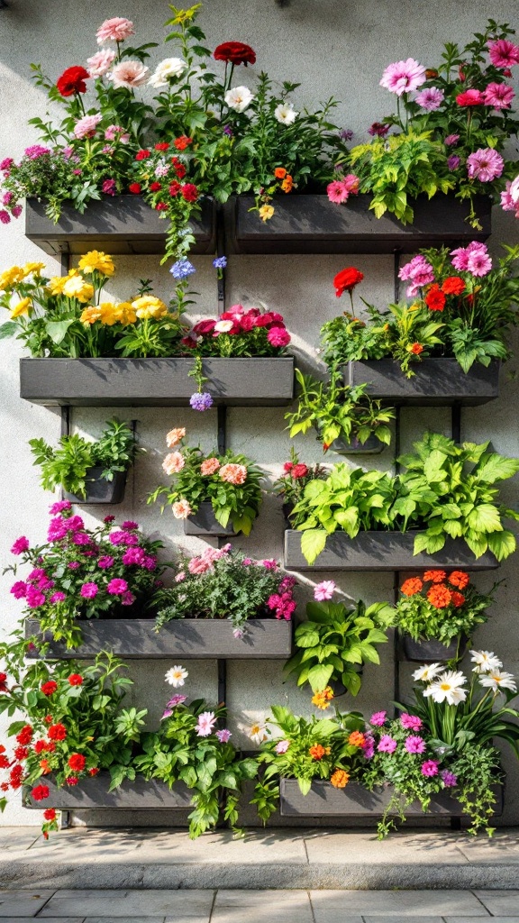 Colorful vertical wall planters filled with various flowers and plants.