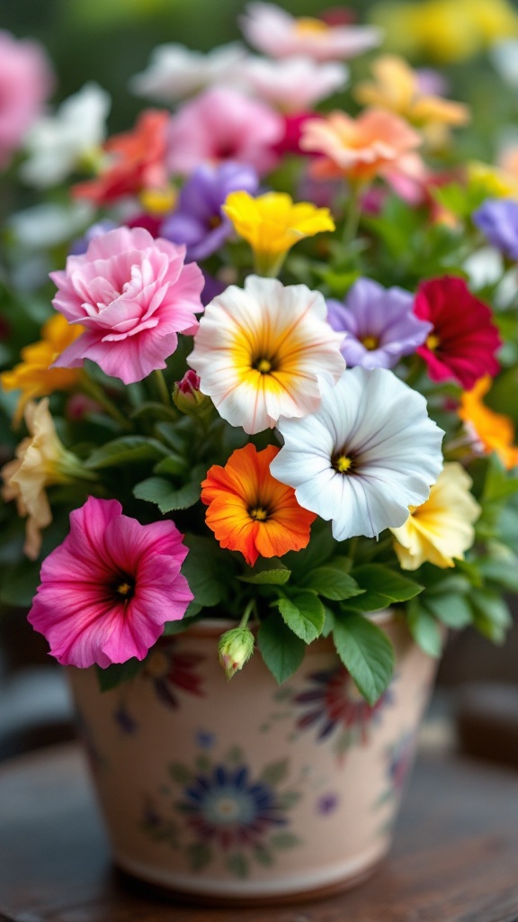 A colorful display of petunias in a decorative pot.