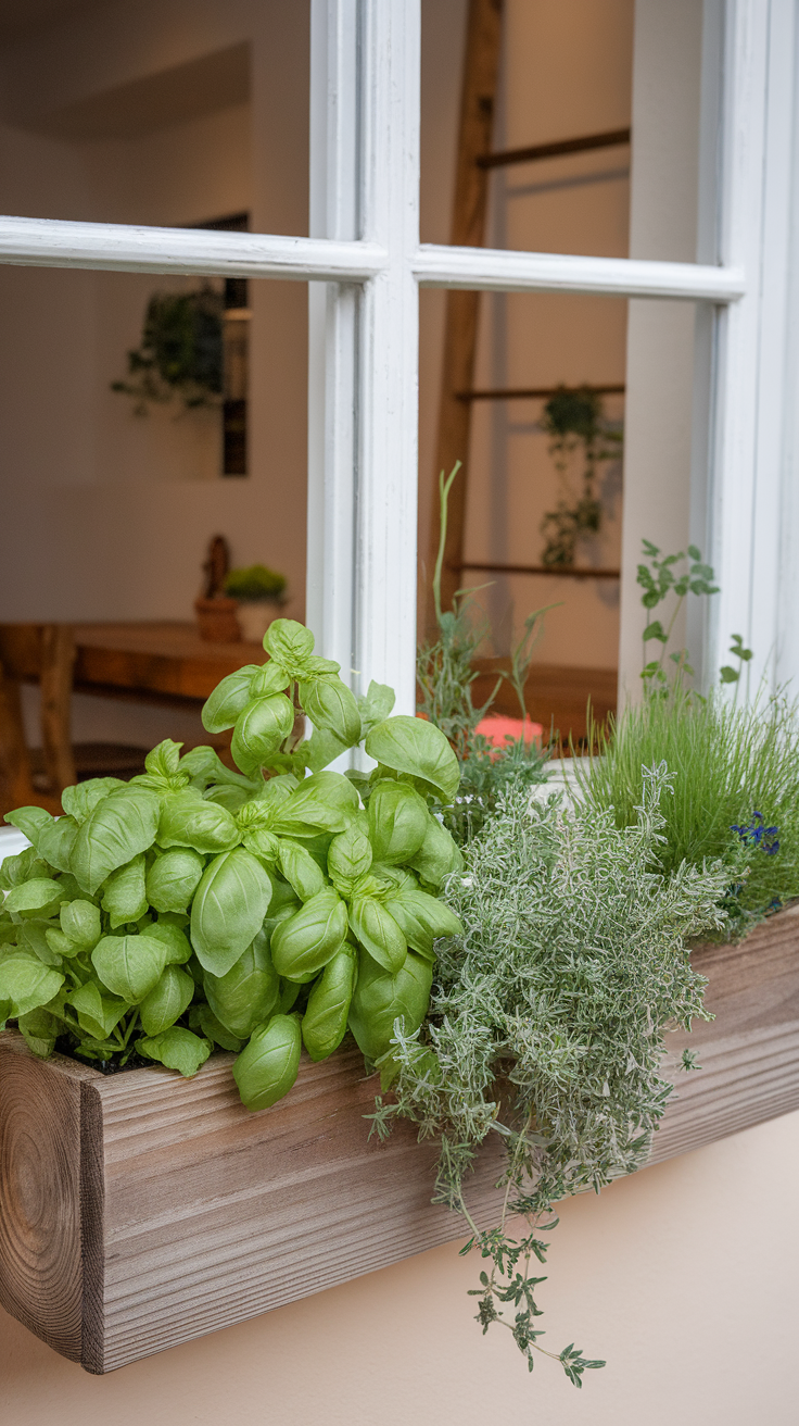 A wooden window box filled with fresh green herbs like basil and thyme.