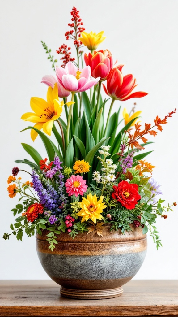 A vibrant arrangement of various flowers including tulips, lilies, and daisies in a decorative pot.