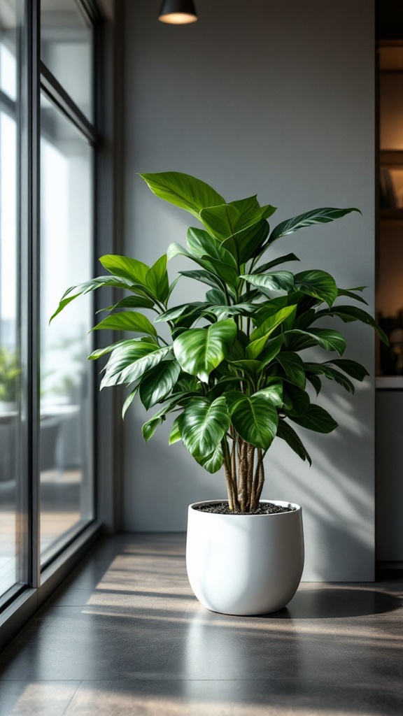 A healthy ZZ plant in a modern pot near a large window.